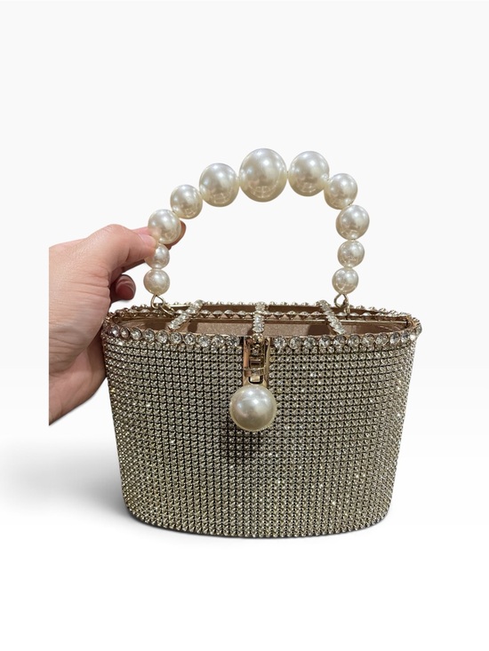 Handbags - Faux Pearl-Handle Crystal Evening Bag - Gold